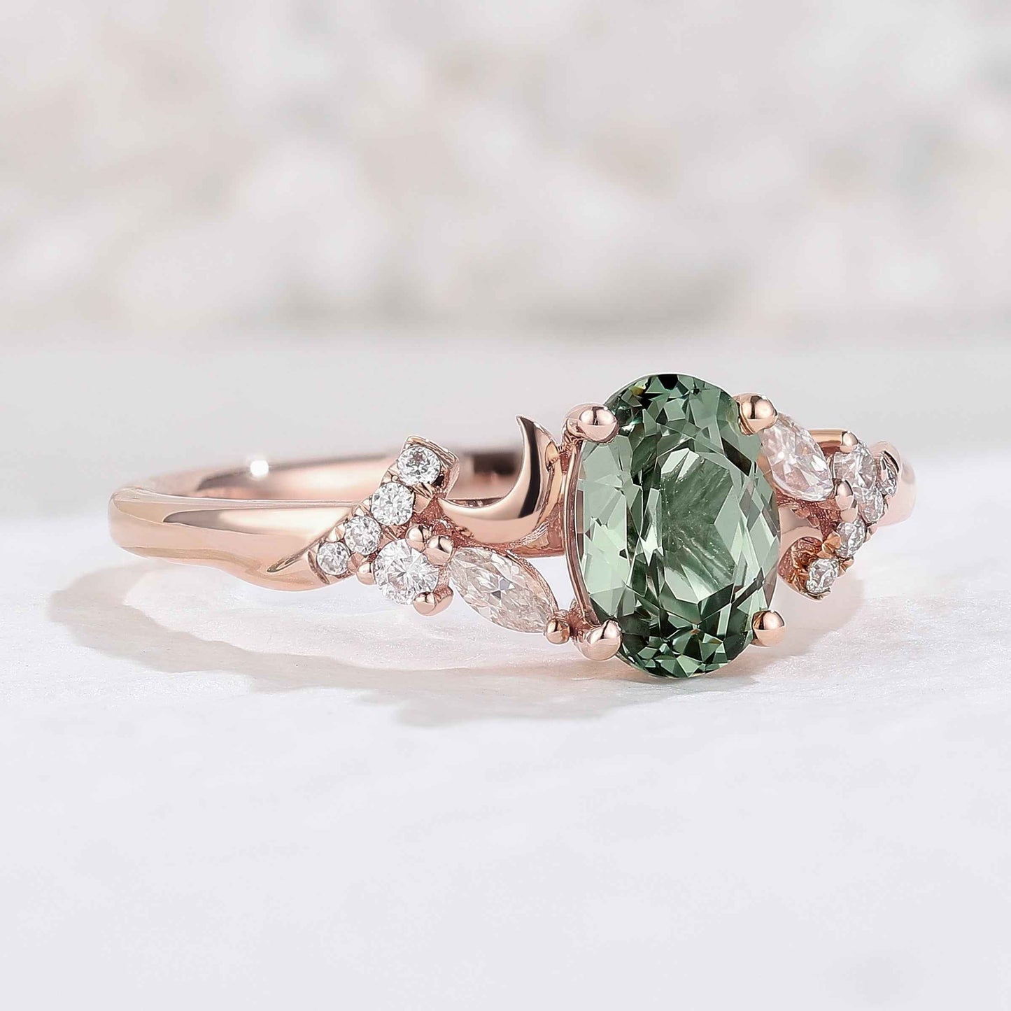 Unique Oval Green Sapphire Moon Gemstone Ring
