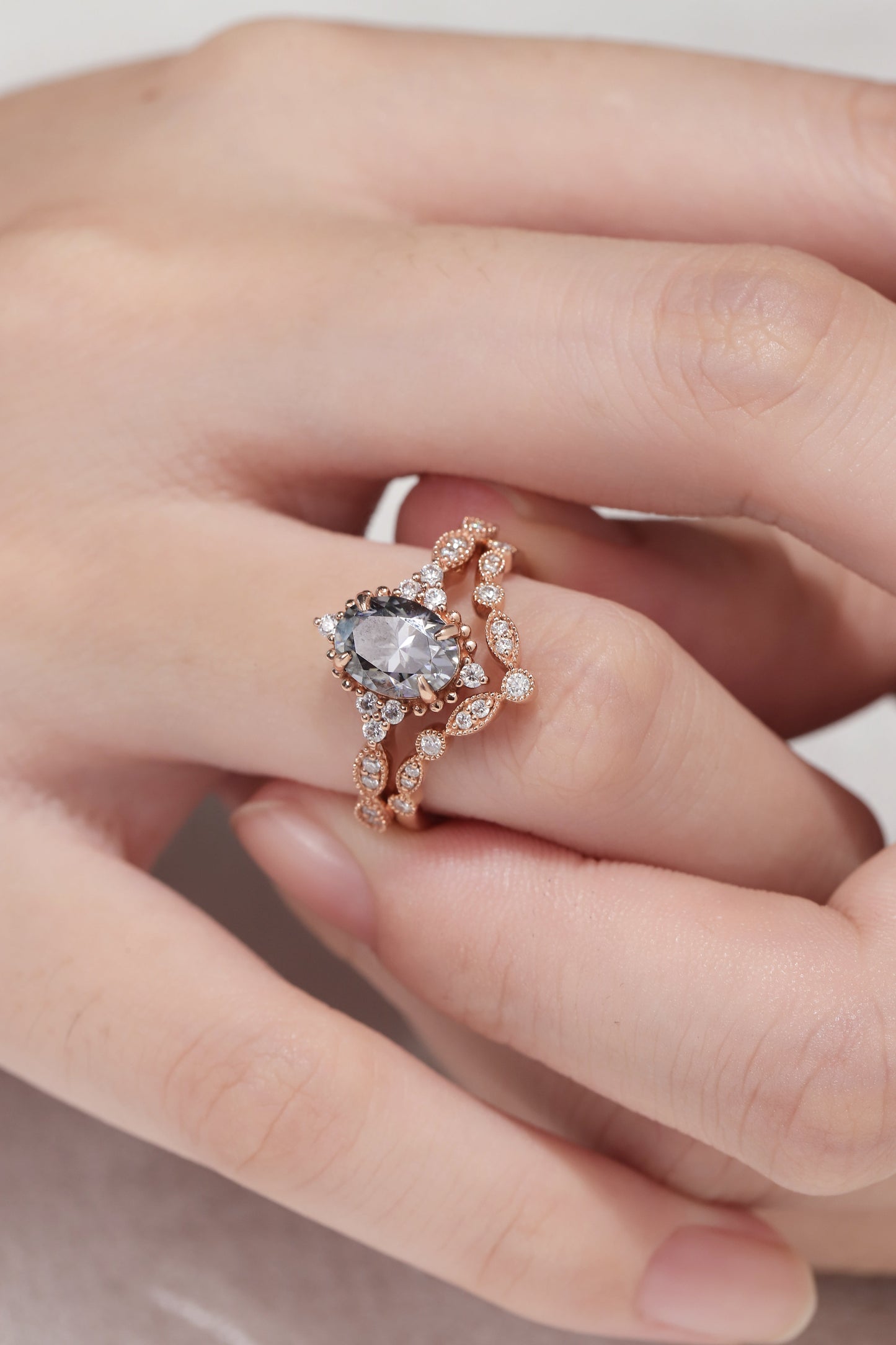 Unique Oval Grey Moissanite Milgrain Pave Band Gemstone Ring Set 2pcs