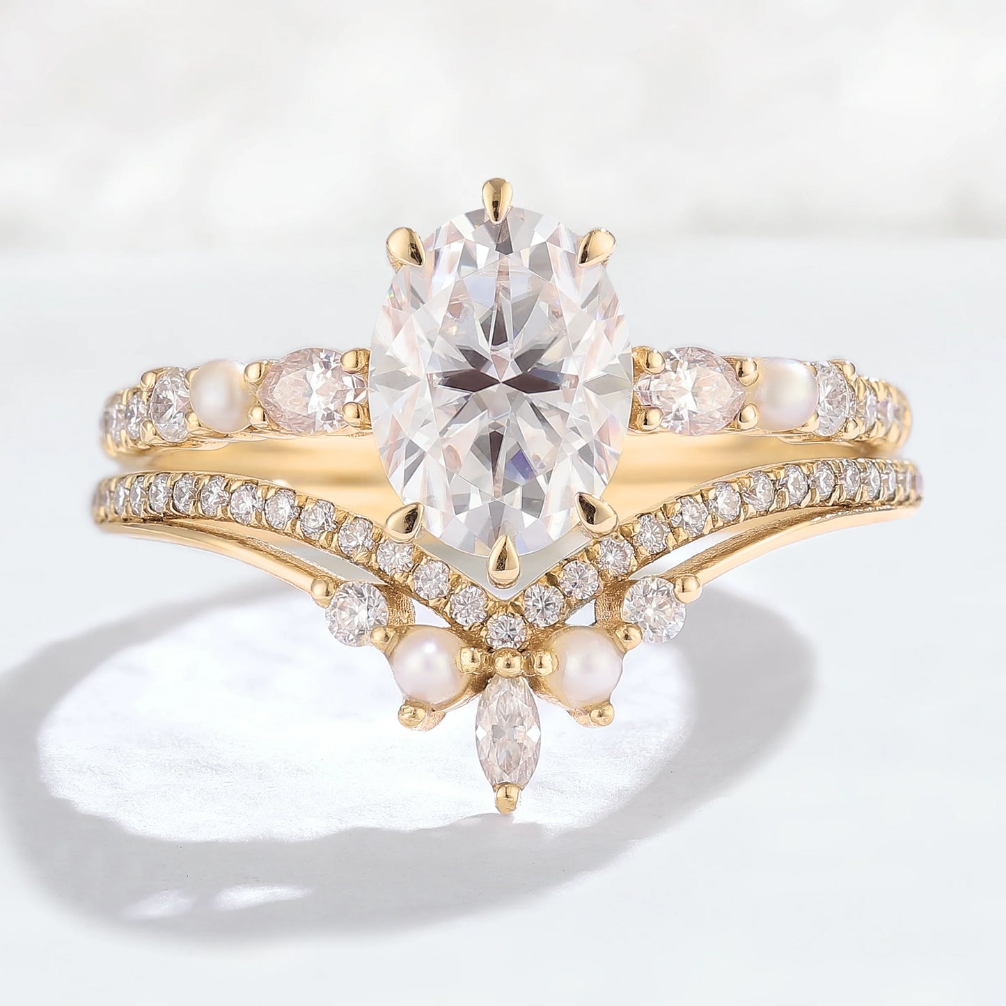 Unique Oval Moissanite Half Enternity Gemstone Ring Set 2pcs