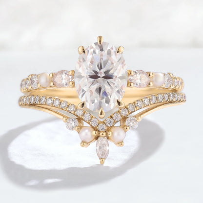 Unique Oval Moissanite Half Enternity Gemstone Ring Set 2pcs