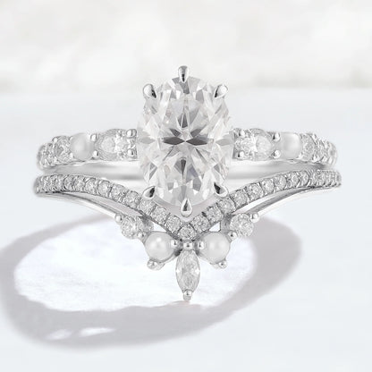 Unique Oval Moissanite Half Enternity Gemstone Ring Set 2pcs