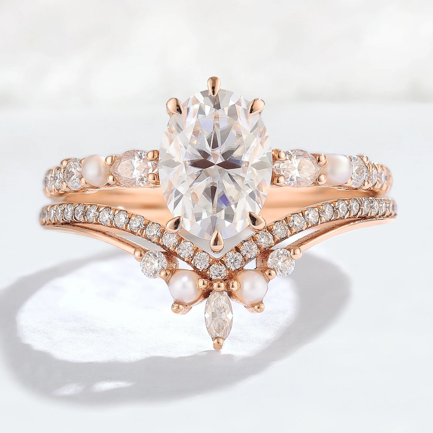 Unique Oval Moissanite Half Enternity Gemstone Ring Set 2pcs