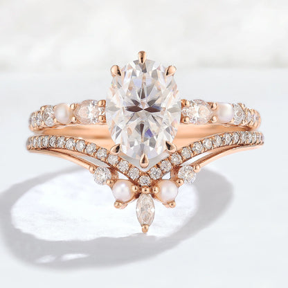 Unique Oval Moissanite Half Enternity Gemstone Ring Set 2pcs