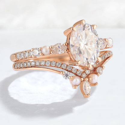Unique Oval Moissanite Half Enternity Gemstone Ring Set 2pcs