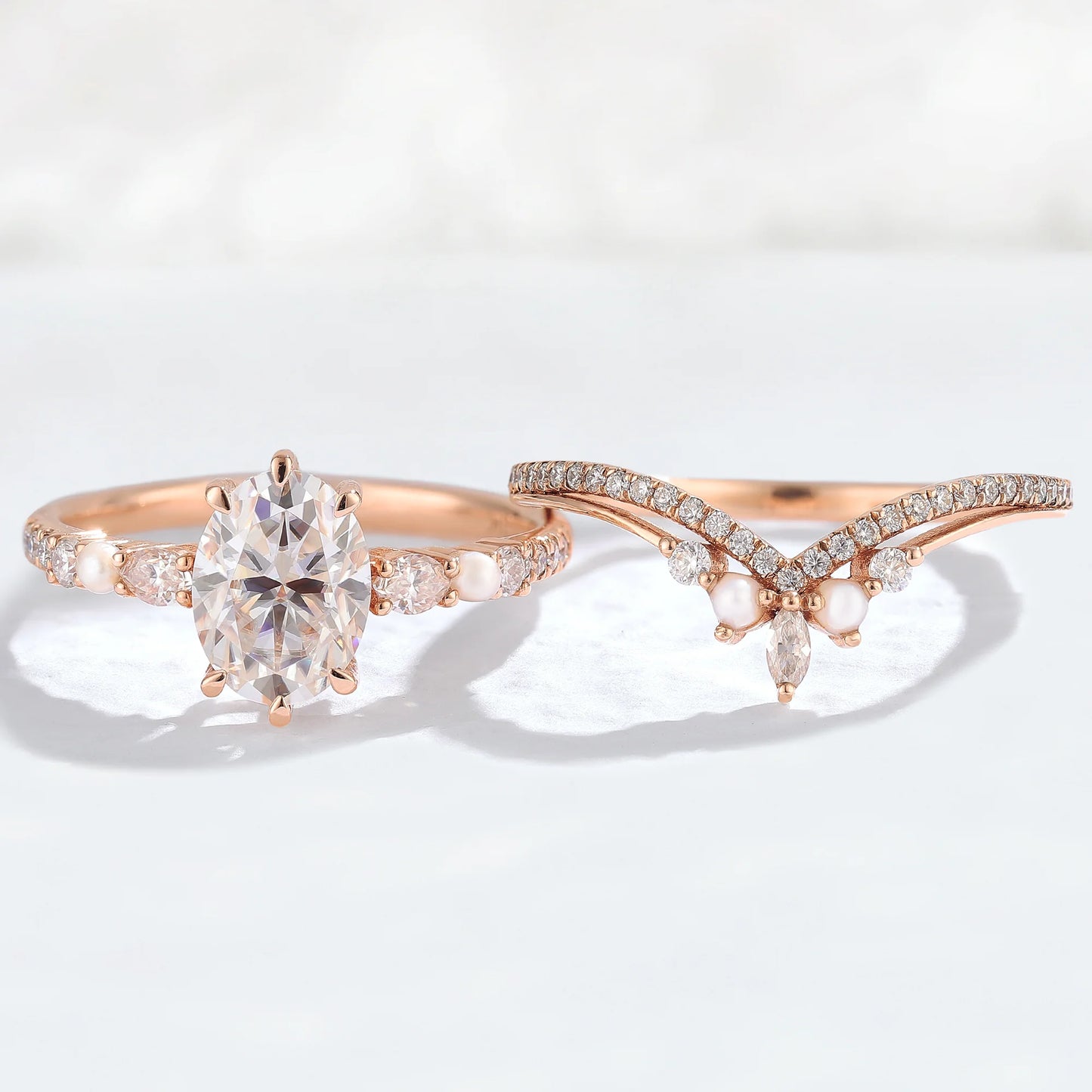 Unique Oval Moissanite Half Enternity Gemstone Ring Set 2pcs