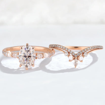 Unique Oval Moissanite Half Enternity Gemstone Ring Set 2pcs