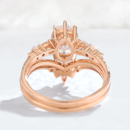 Unique Oval Moissanite Half Enternity Gemstone Ring Set 2pcs