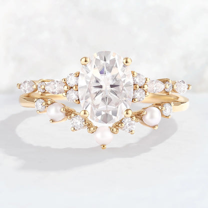 Unique Oval Moissanite Pearl Gemstone Ring Set 2pcs