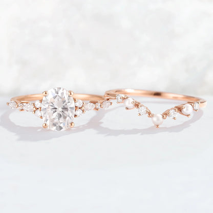 Unique Oval Moissanite Pearl Gemstone Ring Set 2pcs