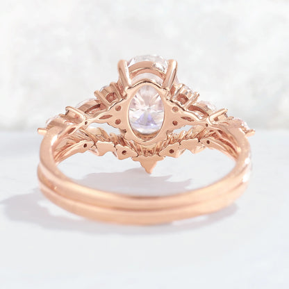 Unique Oval Moissanite Pearl Gemstone Ring Set 2pcs