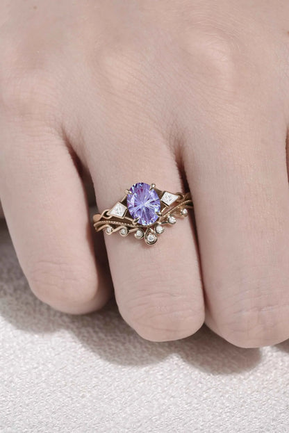 Unique Oval Shaped Fire Cut Alexandrite Three Stone Gemstone Ring Set 2pcs