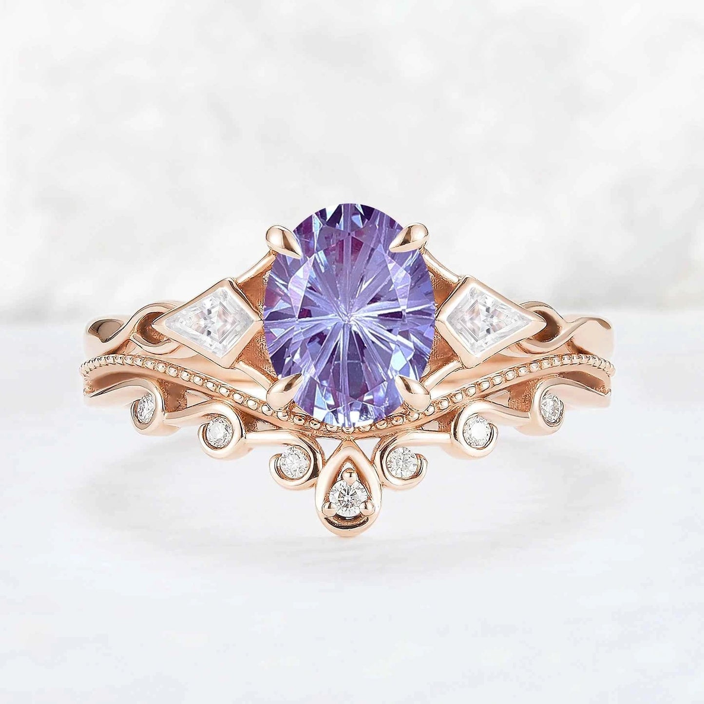 Unique Oval Shaped Fire Cut Alexandrite Three Stone Gemstone Ring Set 2pcs