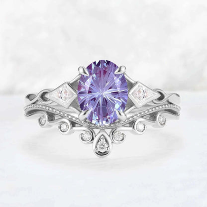 Unique Oval Shaped Fire Cut Alexandrite Three Stone Gemstone Ring Set 2pcs