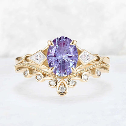 Unique Oval Shaped Fire Cut Alexandrite Three Stone Gemstone Ring Set 2pcs
