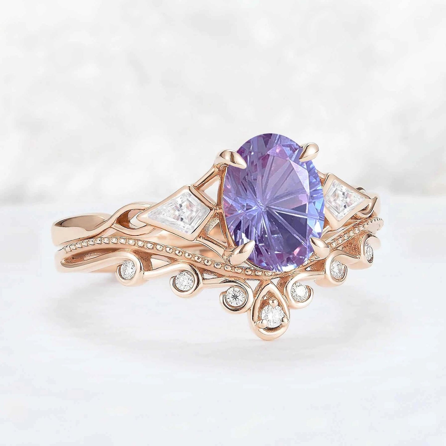 Unique Oval Shaped Fire Cut Alexandrite Three Stone Gemstone Ring Set 2pcs