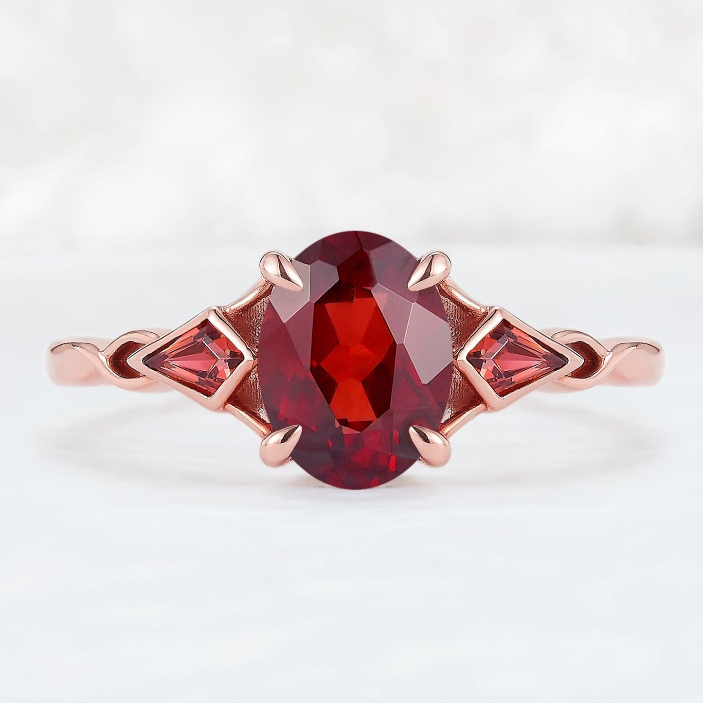 Unique Oval Shaped Garnet Three Stone Gemstone Ring Set 2pcs