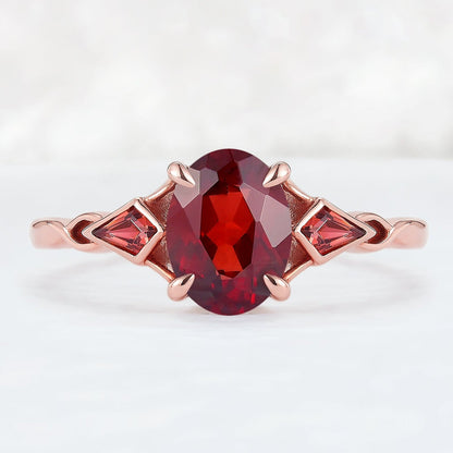 Unique Oval Shaped Garnet Three Stone Gemstone Ring Set 2pcs