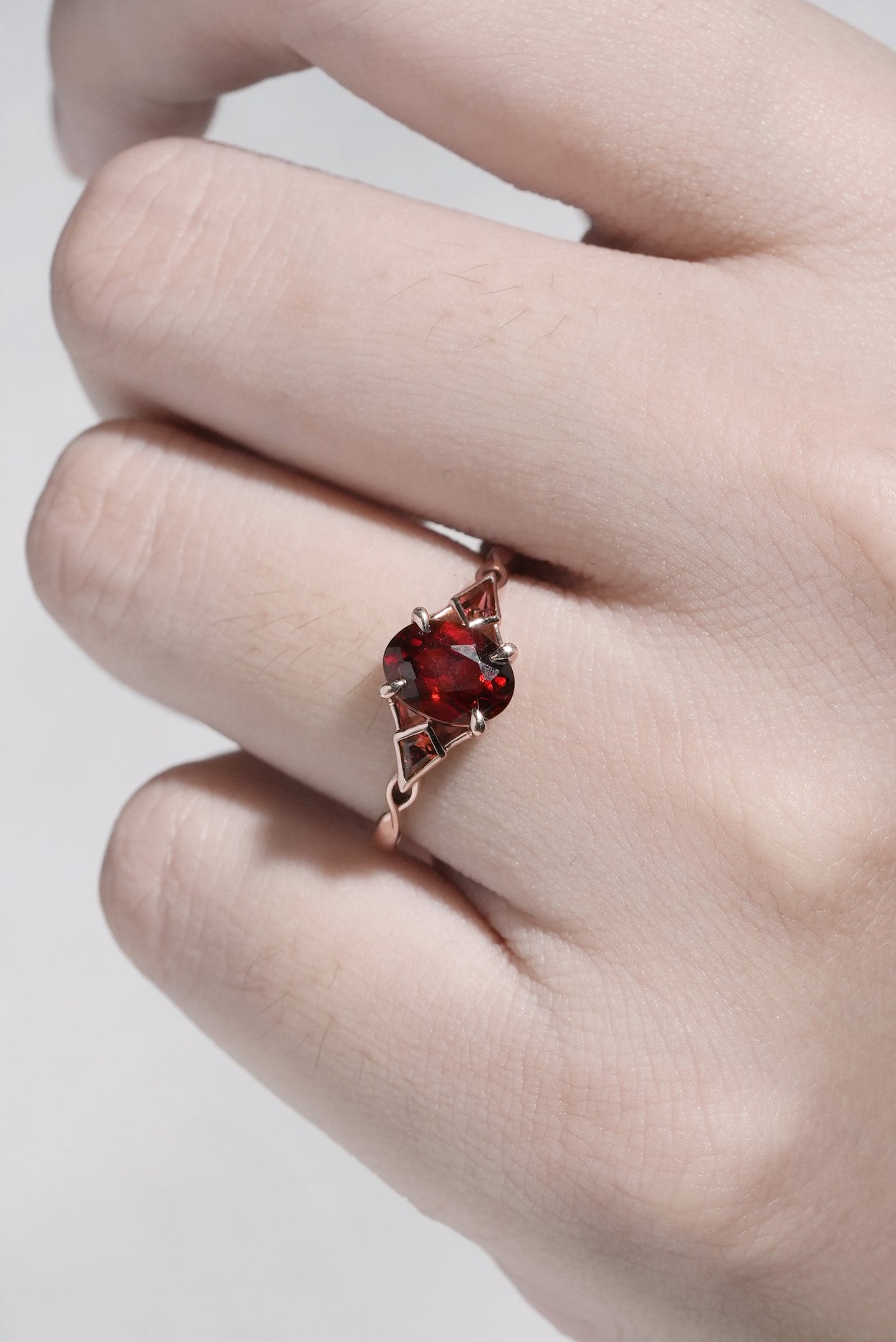 Unique Oval Shaped Garnet Three Stone Gemstone Ring
