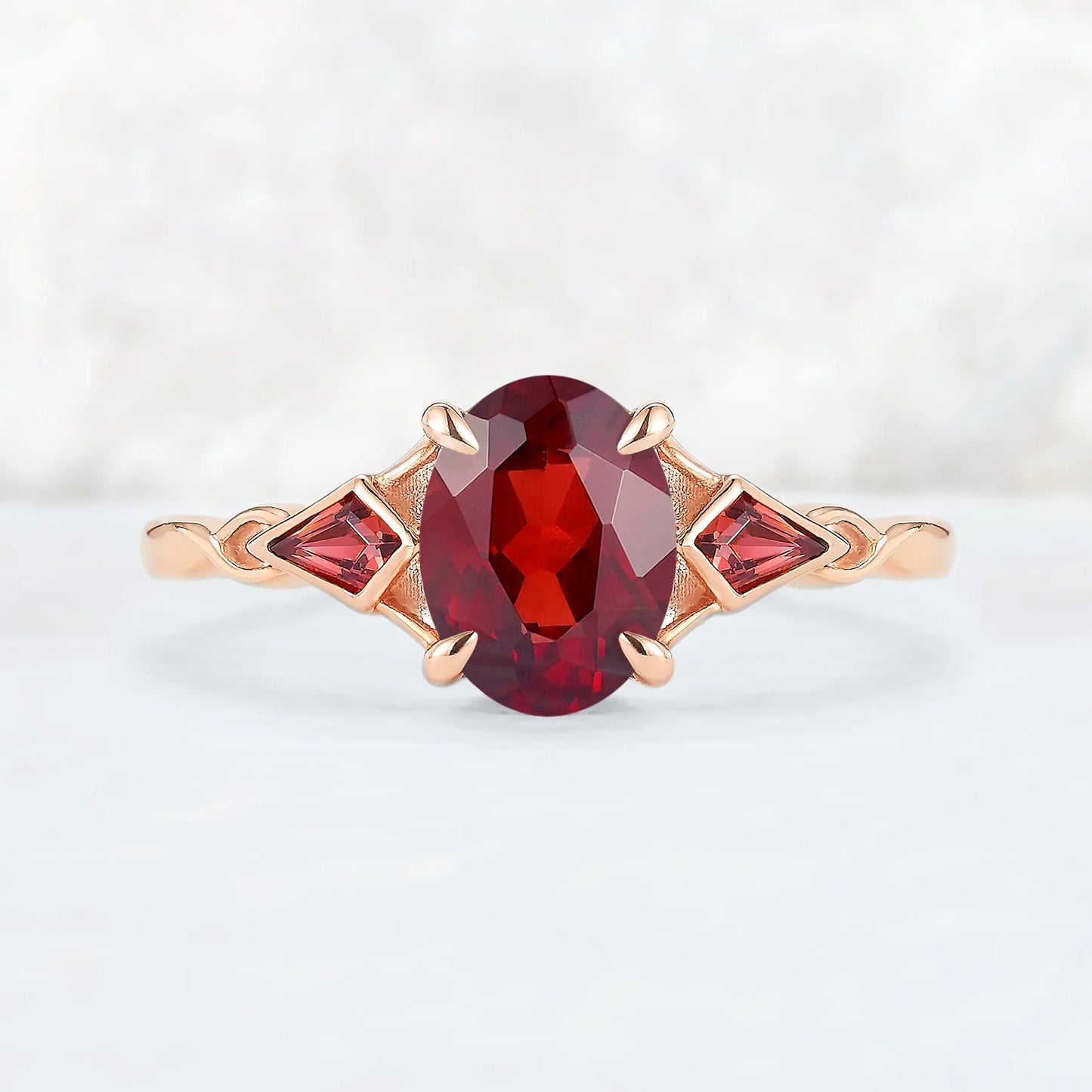 Unique Oval Shaped Garnet Three Stone Gemstone Ring