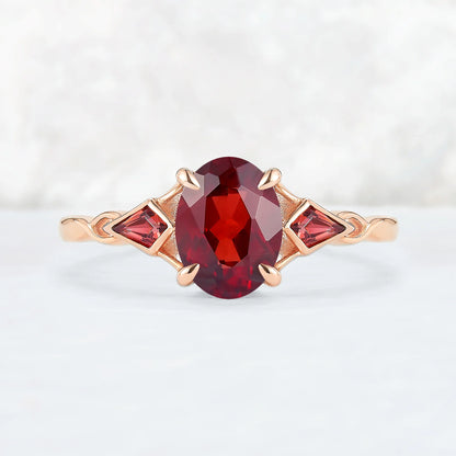 Unique Oval Shaped Garnet Three Stone Gemstone Ring