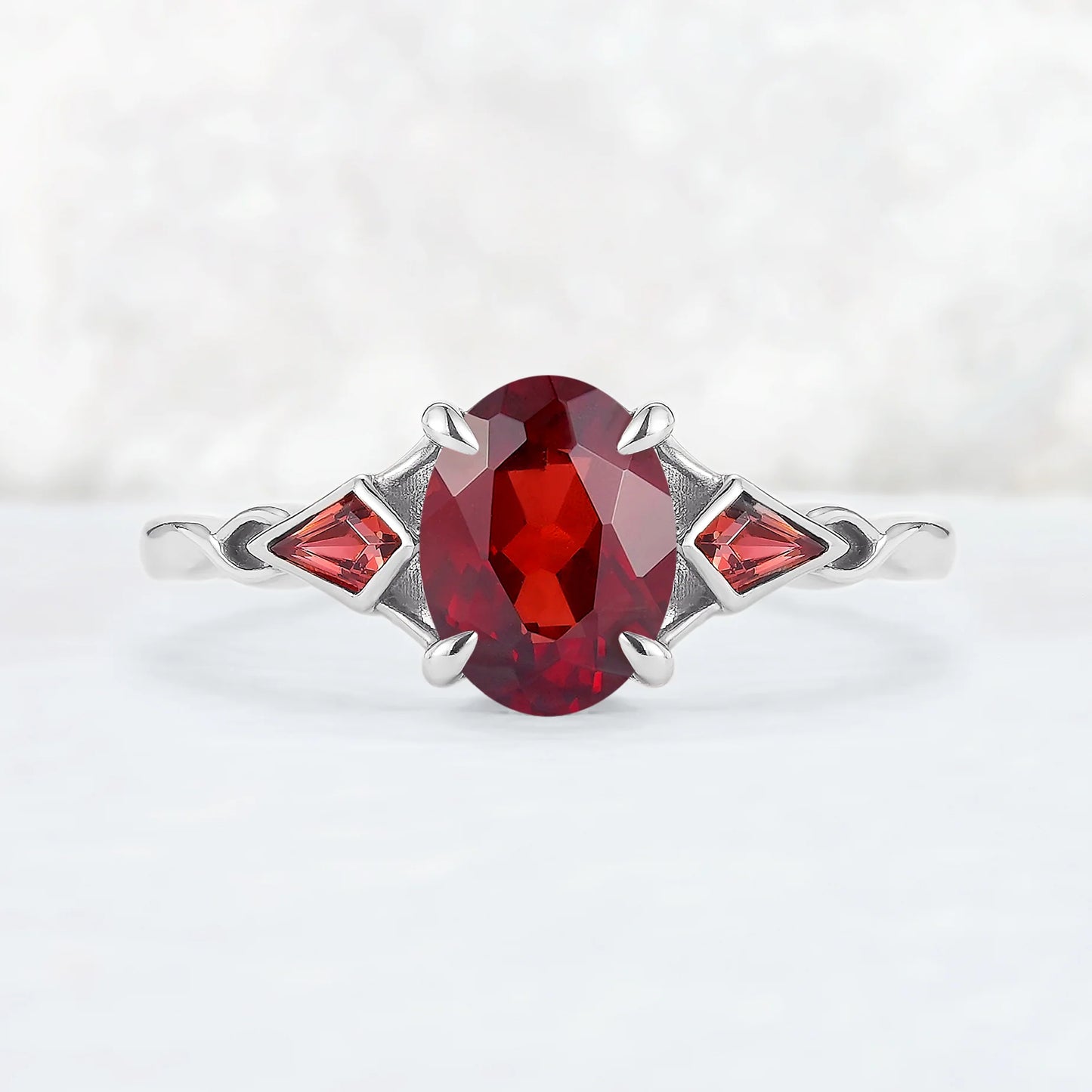 Unique Oval Shaped Garnet Three Stone Gemstone Ring