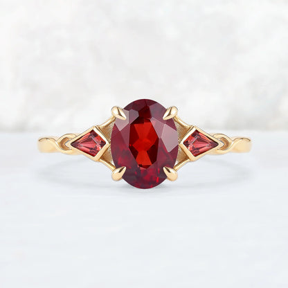 Unique Oval Shaped Garnet Three Stone Gemstone Ring