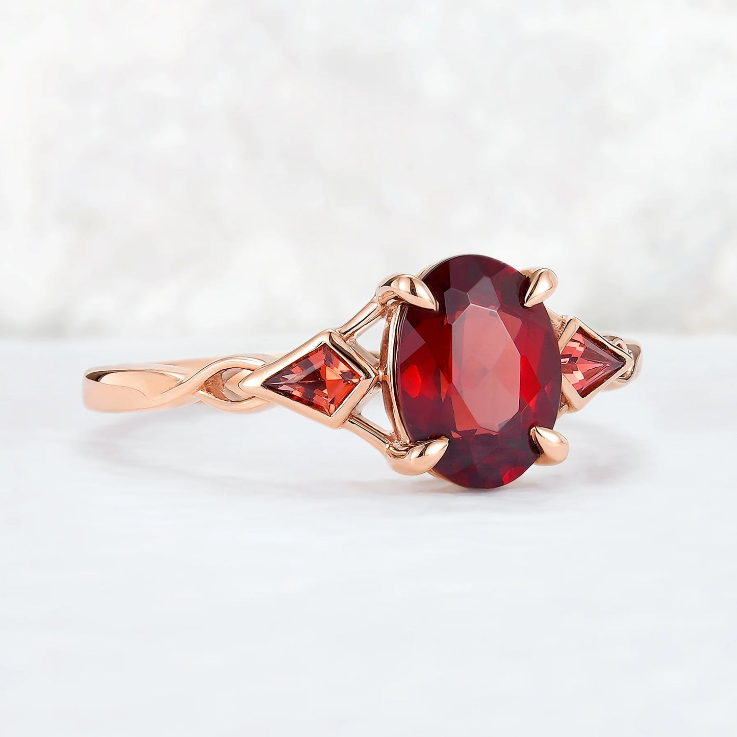 Unique Oval Shaped Garnet Three Stone Gemstone Ring