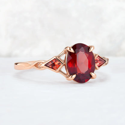 Unique Oval Shaped Garnet Three Stone Gemstone Ring