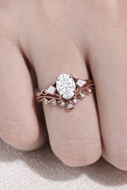Unique Oval Shaped Moissanite Three Stone Gemstone Ring Set 2pcs