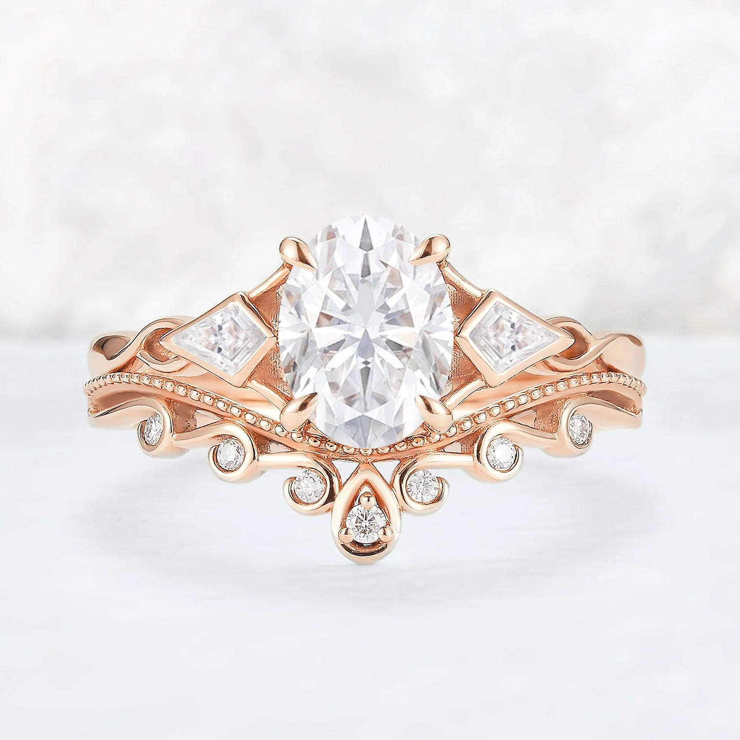 Unique Oval Shaped Moissanite Three Stone Gemstone Ring Set 2pcs