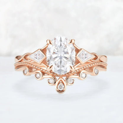 Unique Oval Shaped Moissanite Three Stone Gemstone Ring Set 2pcs