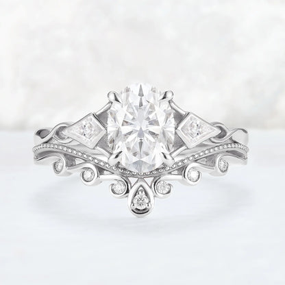 Unique Oval Shaped Moissanite Three Stone Gemstone Ring Set 2pcs