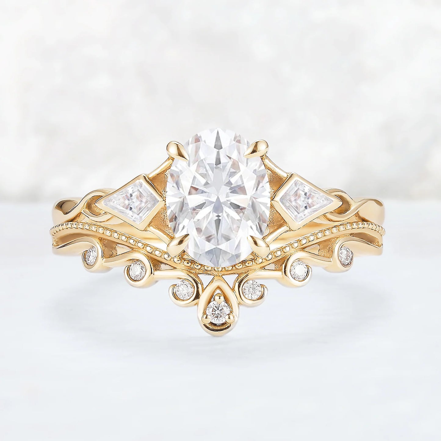 Unique Oval Shaped Moissanite Three Stone Gemstone Ring Set 2pcs
