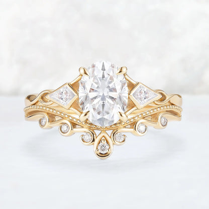 Unique Oval Shaped Moissanite Three Stone Gemstone Ring Set 2pcs