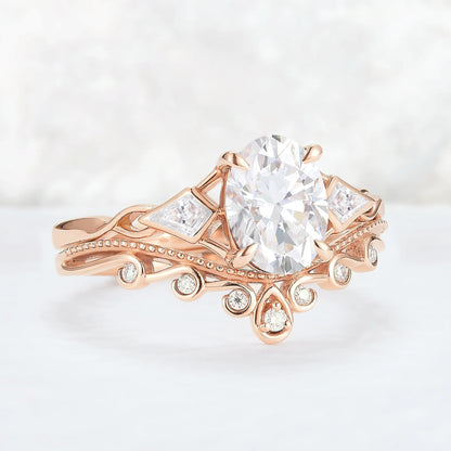 Unique Oval Shaped Moissanite Three Stone Gemstone Ring Set 2pcs