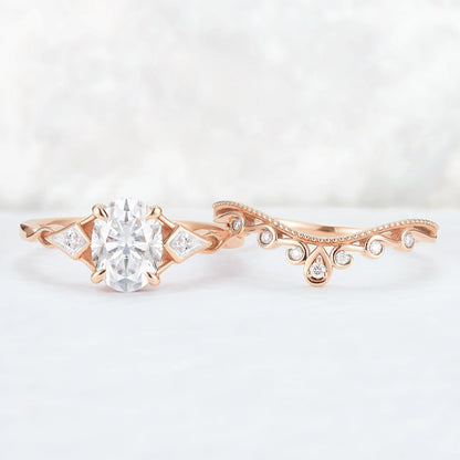 Unique Oval Shaped Moissanite Three Stone Gemstone Ring Set 2pcs
