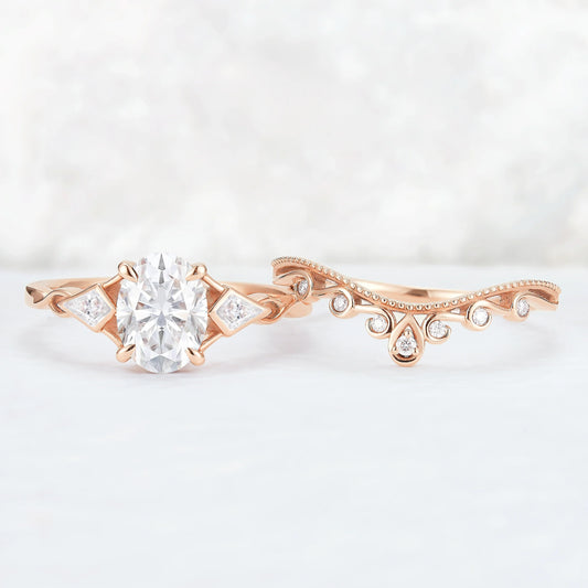 Unique Oval Shaped Moissanite Three Stone Gemstone Ring Set 2pcs