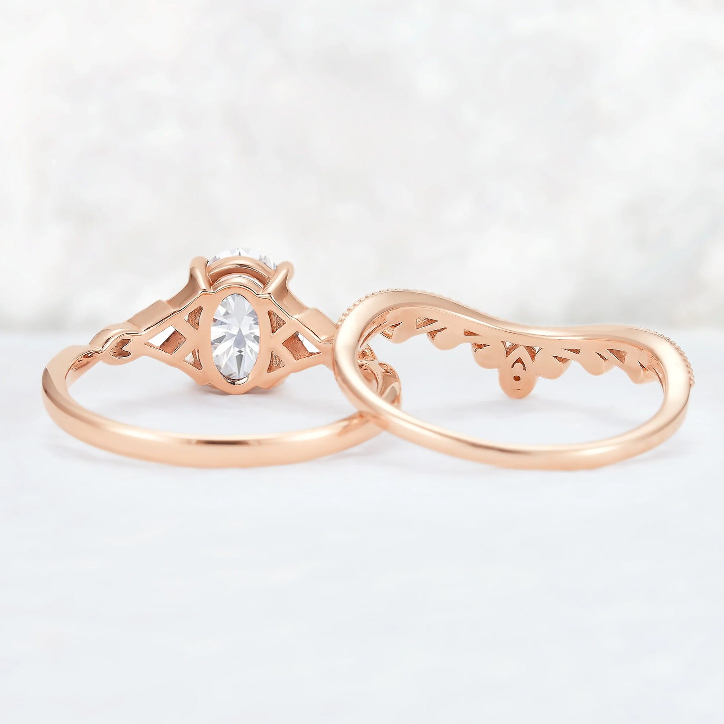 Unique Oval Shaped Moissanite Three Stone Gemstone Ring Set 2pcs