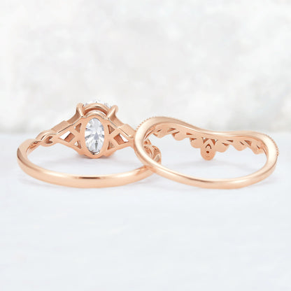 Unique Oval Shaped Moissanite Three Stone Gemstone Ring Set 2pcs
