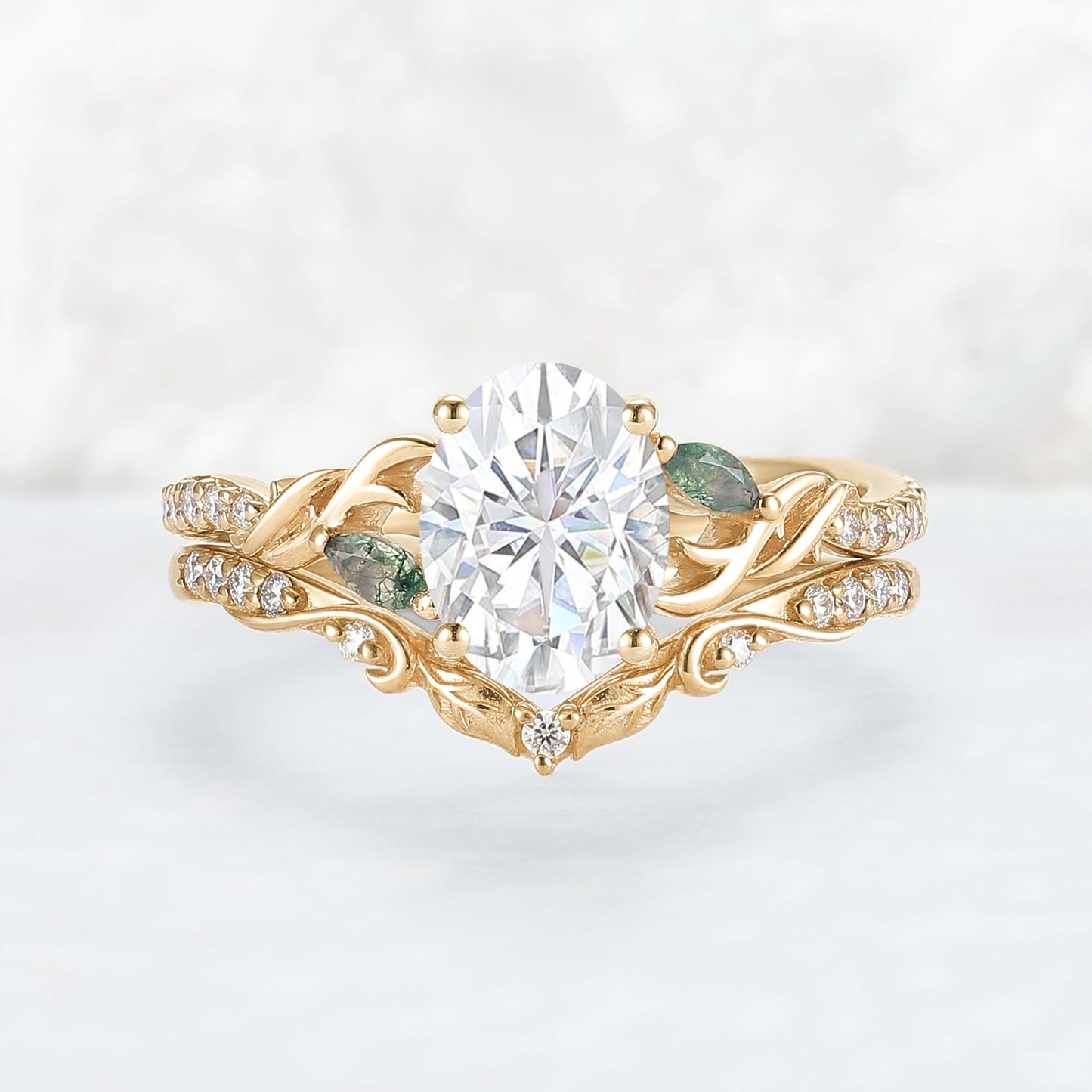 Unique Oval Shaped Moissanite Twig Ring Set 2pcs