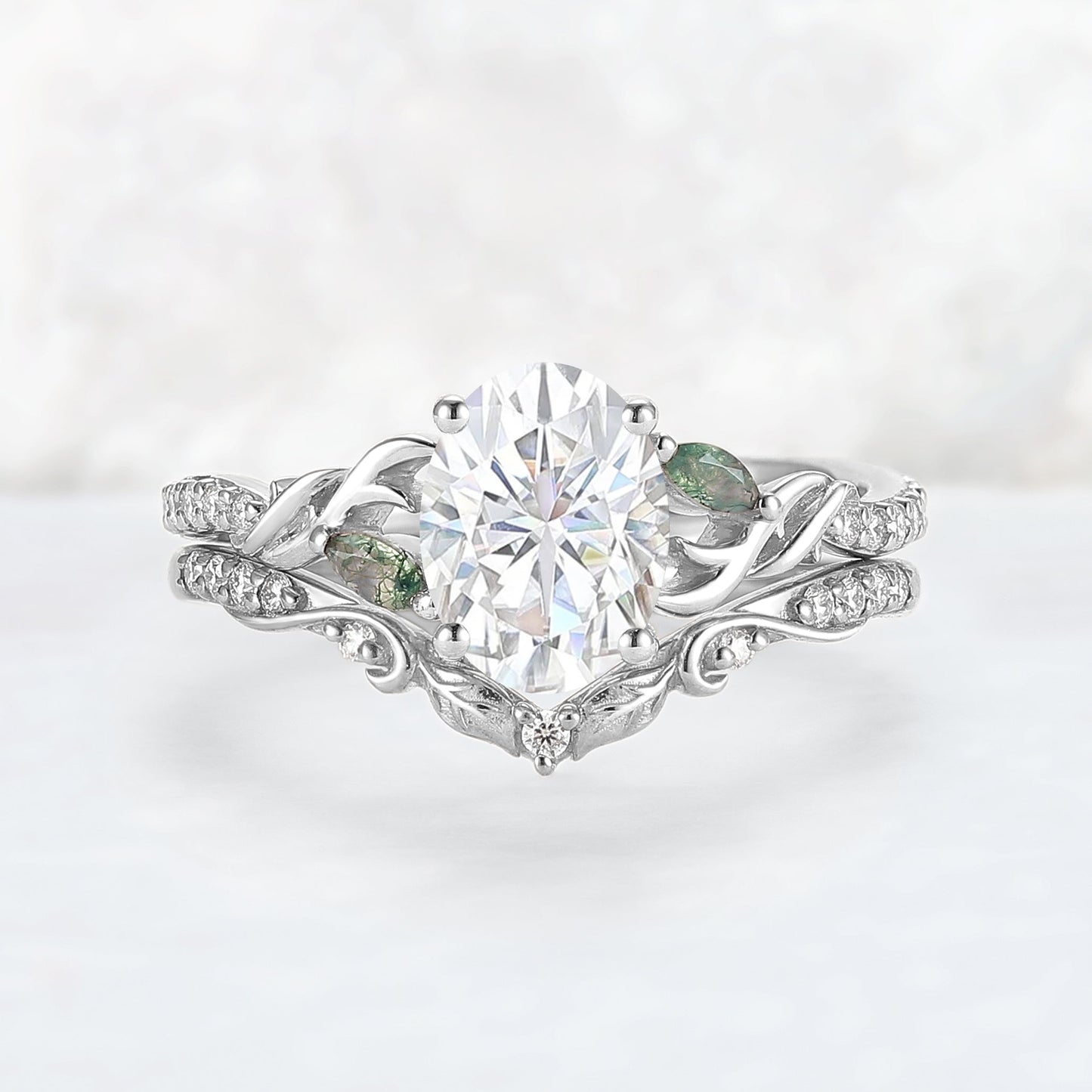Unique Oval Shaped Moissanite Twig Ring Set 2pcs