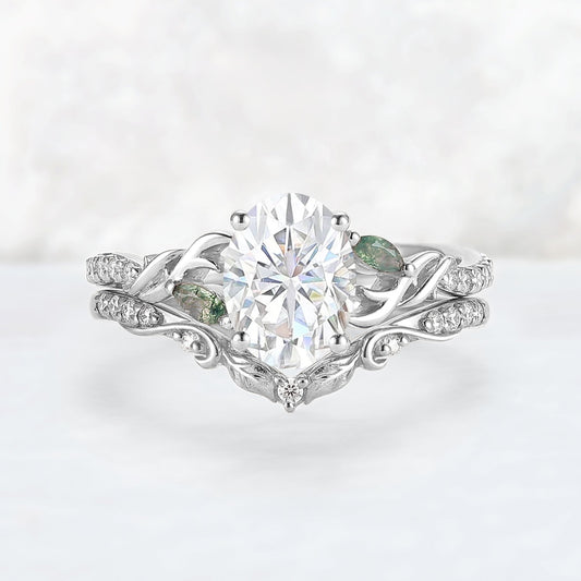 Unique Oval Shaped Moissanite Twig Ring Set 2pcs