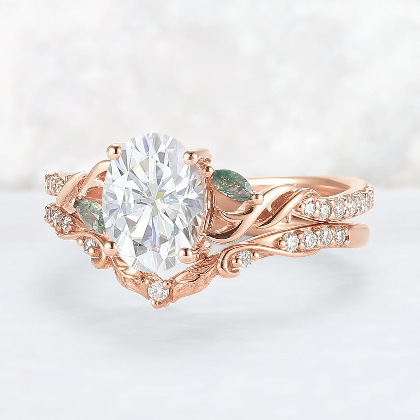 Unique Oval Shaped Moissanite Twig Ring Set 2pcs