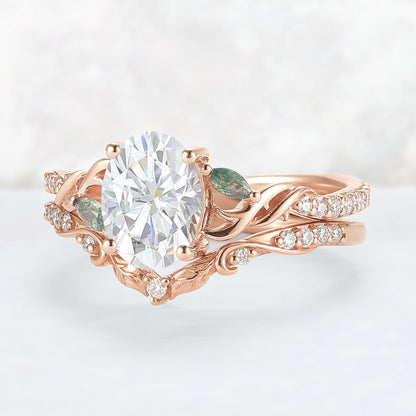 Unique Oval Shaped Moissanite Twig Ring Set 2pcs