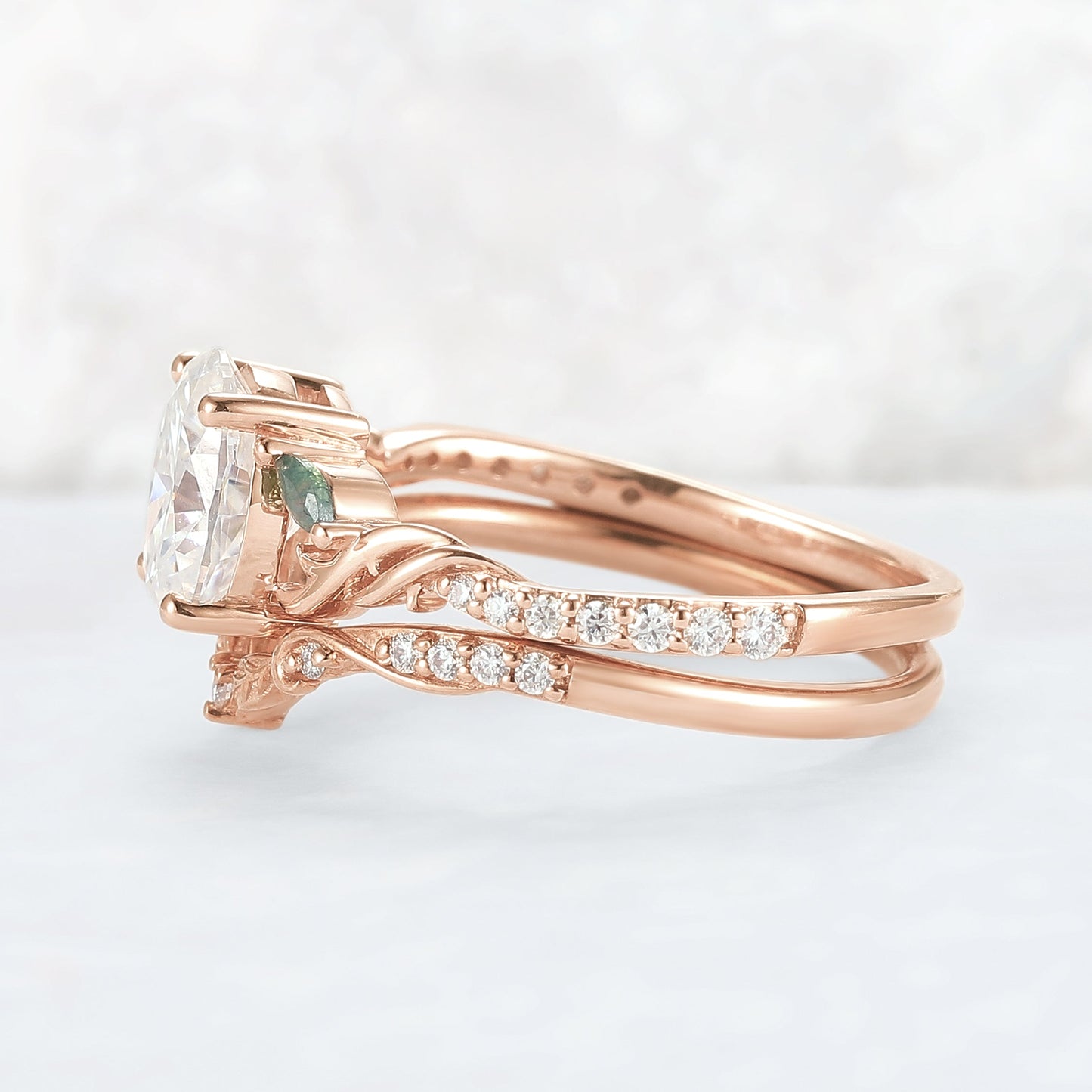 Unique Oval Shaped Moissanite Twig Ring Set 2pcs
