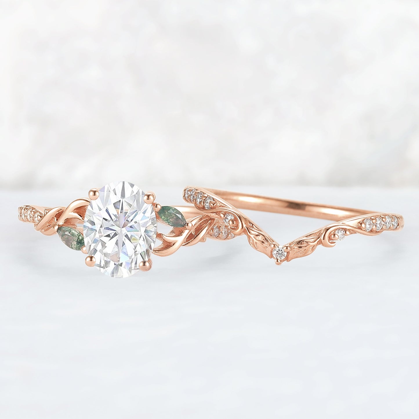 Unique Oval Shaped Moissanite Twig Ring Set 2pcs