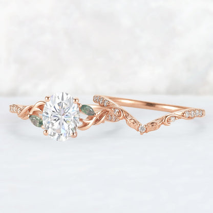 Unique Oval Shaped Moissanite Twig Ring Set 2pcs