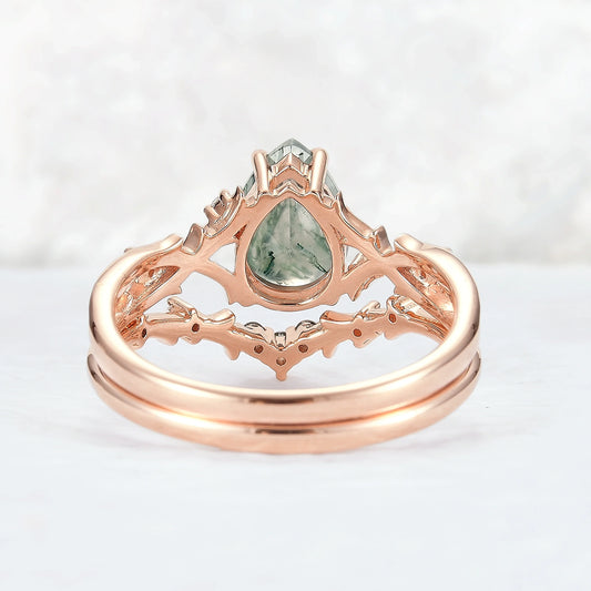 Unique Pear Cut Moss Agate Moissanite Vine Ring Set 2pcs