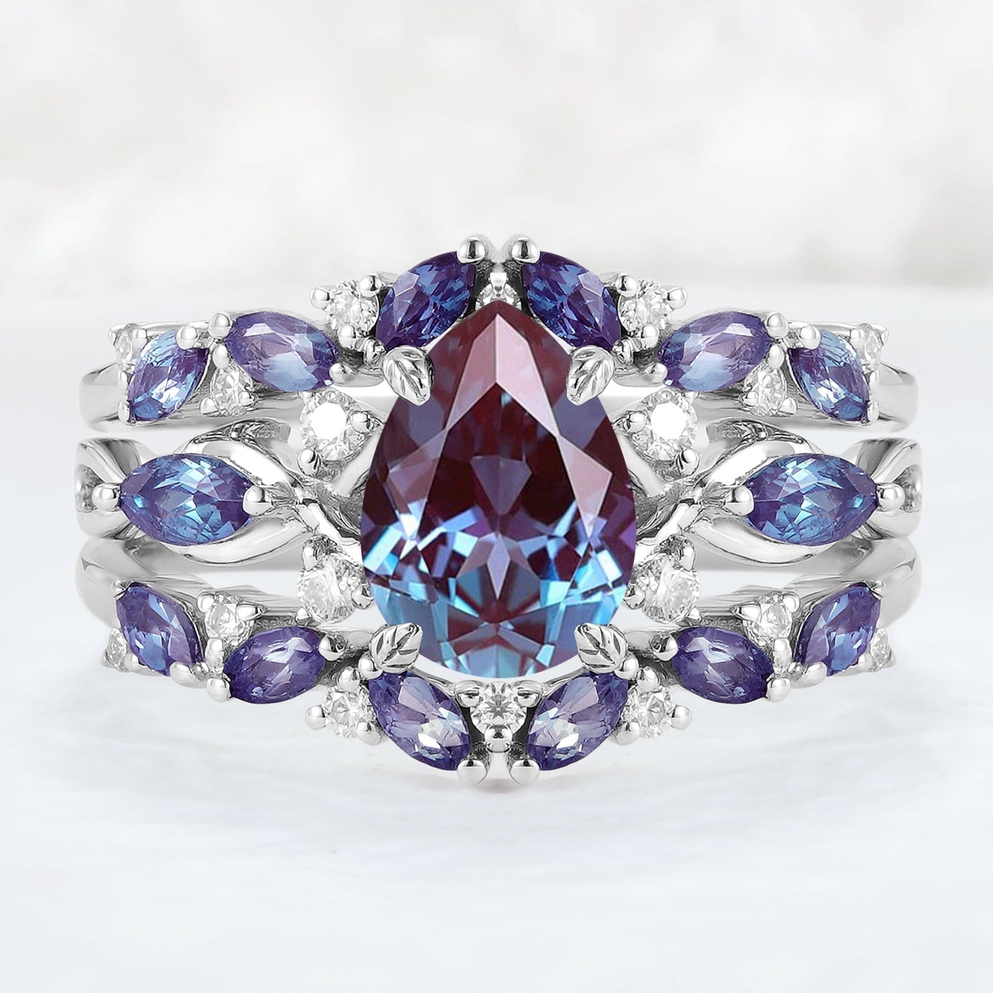 Unique Pear Cut Alexandrite Cluster Enhancer Gemstone Ring Set