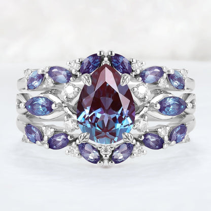 Unique Pear Cut Alexandrite Cluster Enhancer Gemstone Ring Set